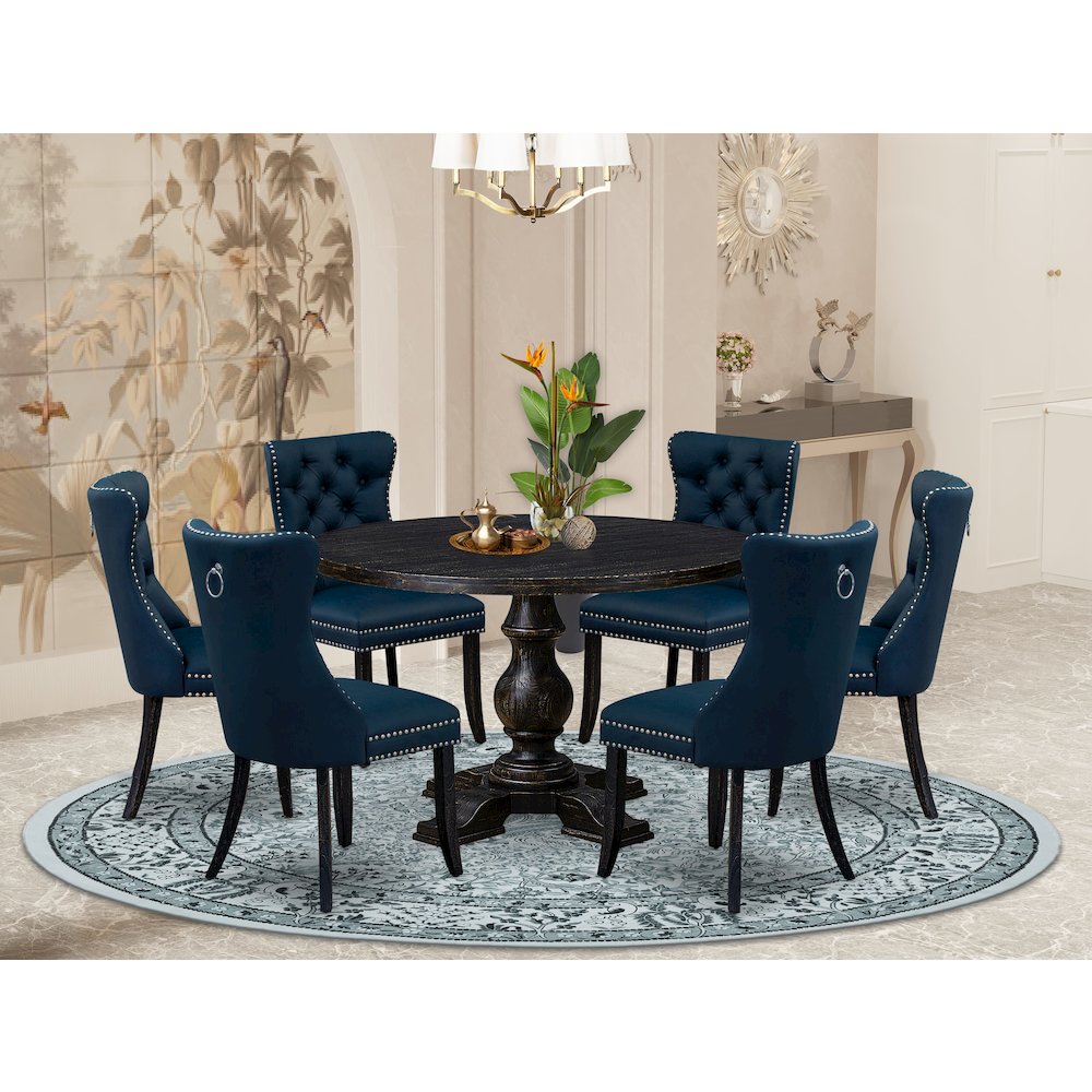 7 Piece Dining Table Set Contains 48" Round Table In Navy Blue Color