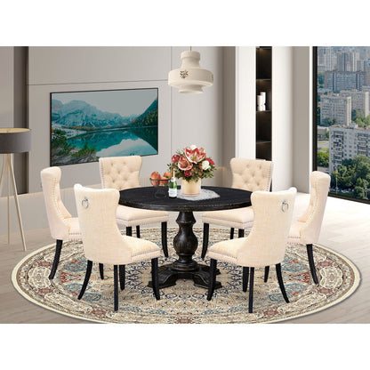 7-Piece Dinette A Modern Table And 6 Light Beige Linen Fabric Dining Chair