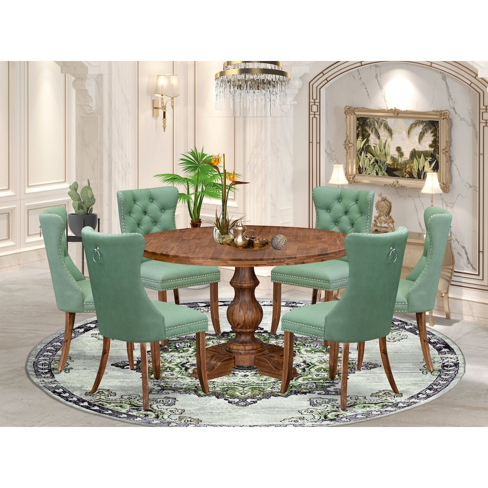 7-Pc Mid Century Dining Set Include A Dining Table And 6 Willow Green Chairs