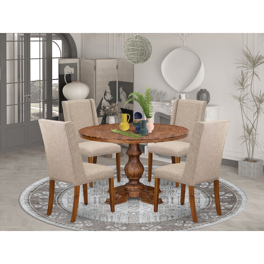 5-Piece Dining Room Set A Dining Table, 4 Light Tan Fabric Upholstered Chairs