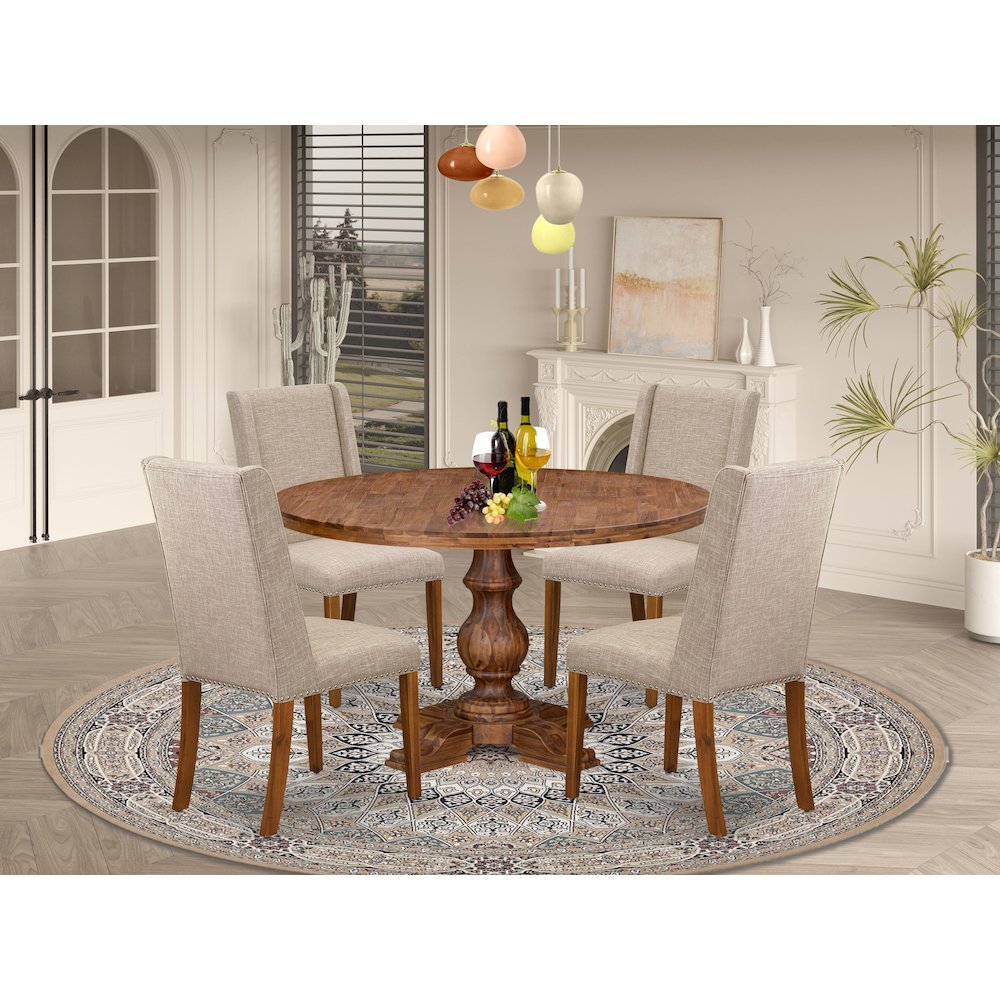 5-Pc Mid-Century Dining Set A Dining Room Table, 4 Light Tan Parson Chairs