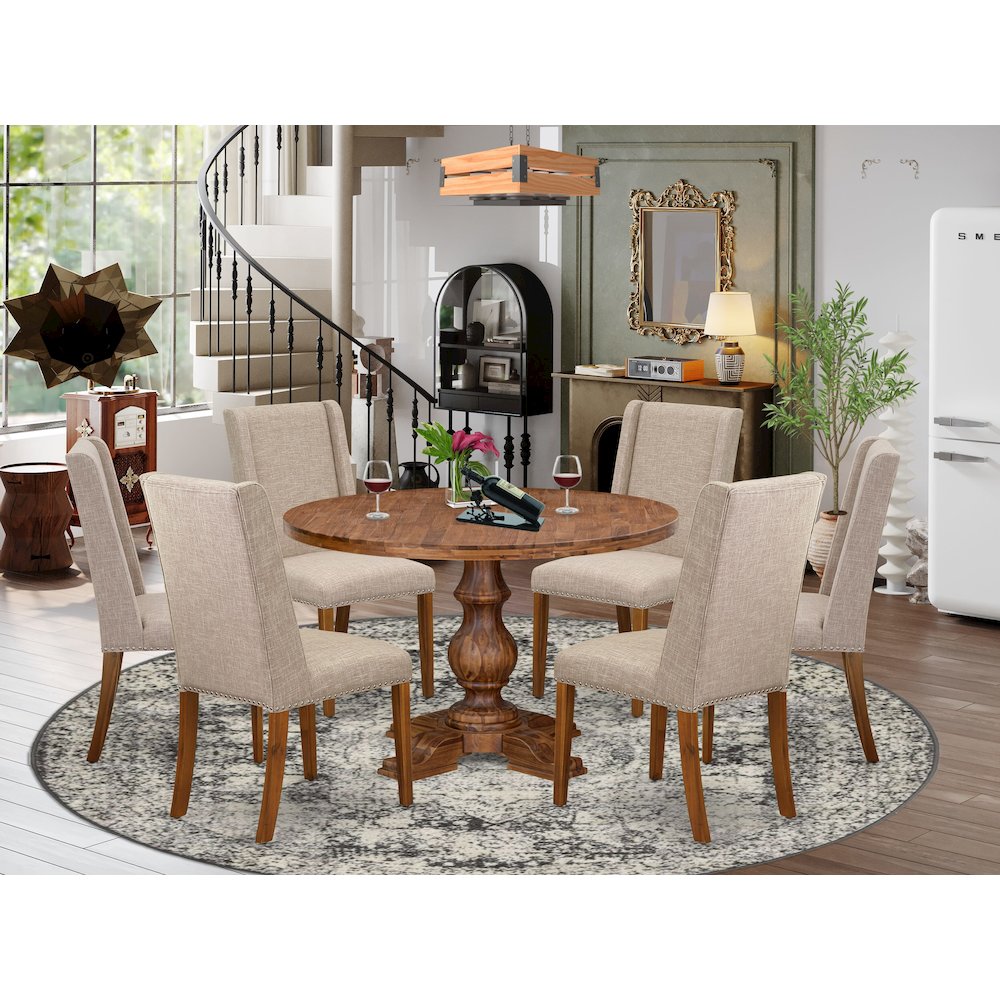 7-Piece Dining Table A Wooden Table And 6 Light Tan Linen Fabric Dining Chair