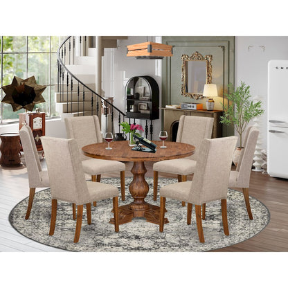 7-Piece Dining Table A Wooden Table And 6 Light Tan Linen Fabric Dining Chair