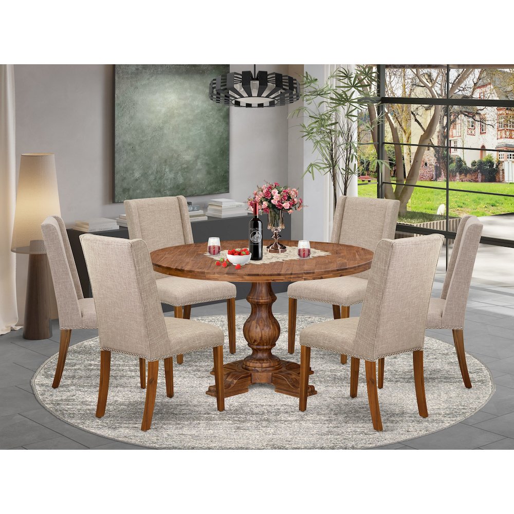 7-Piece Modern Dining A Dinning Table And 6 Light Tan Linen Fabric Modern Chairs
