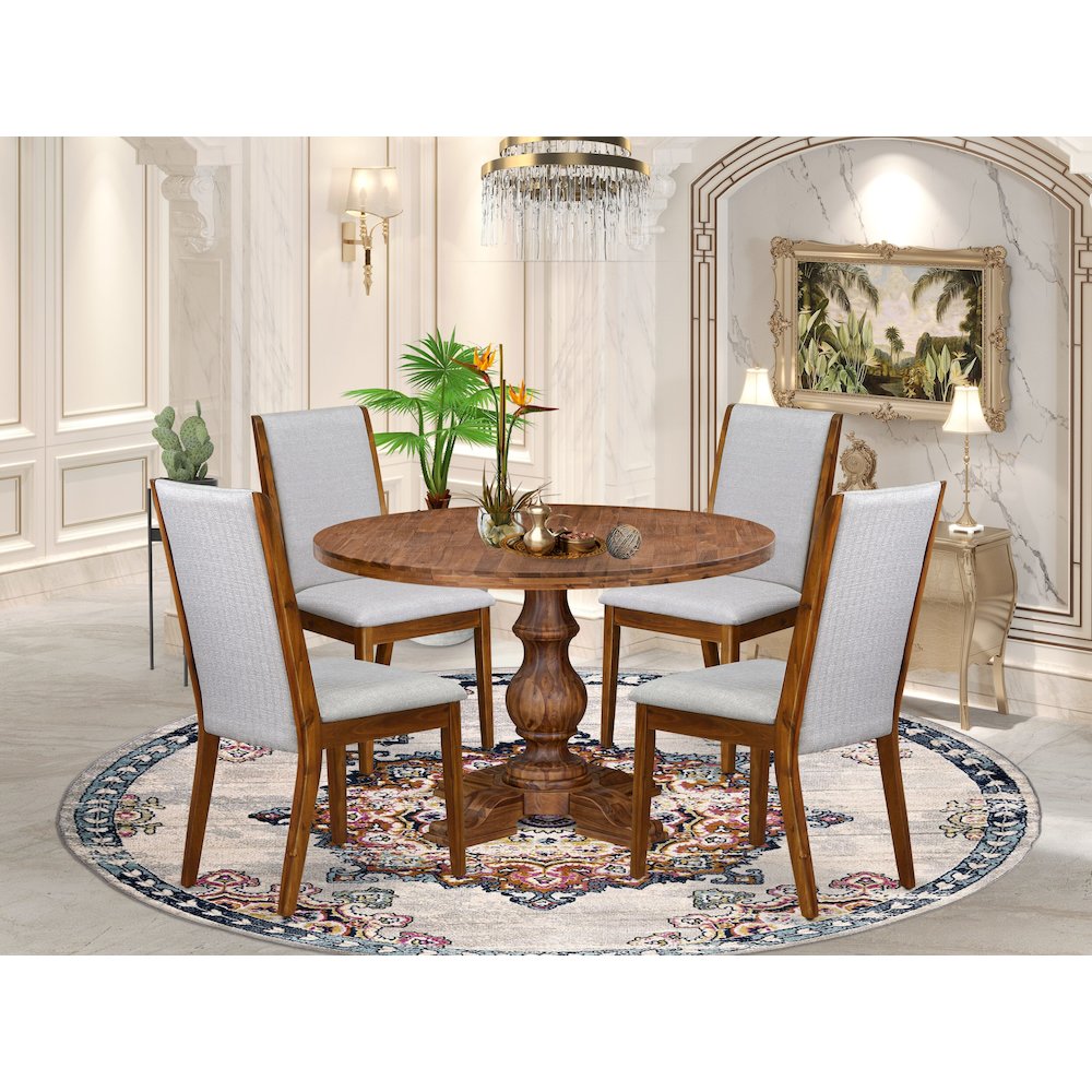 5-Pc Kitchen Table Set A Pedestal Wooden Table, 4 Grey Fabric Dining Chairs