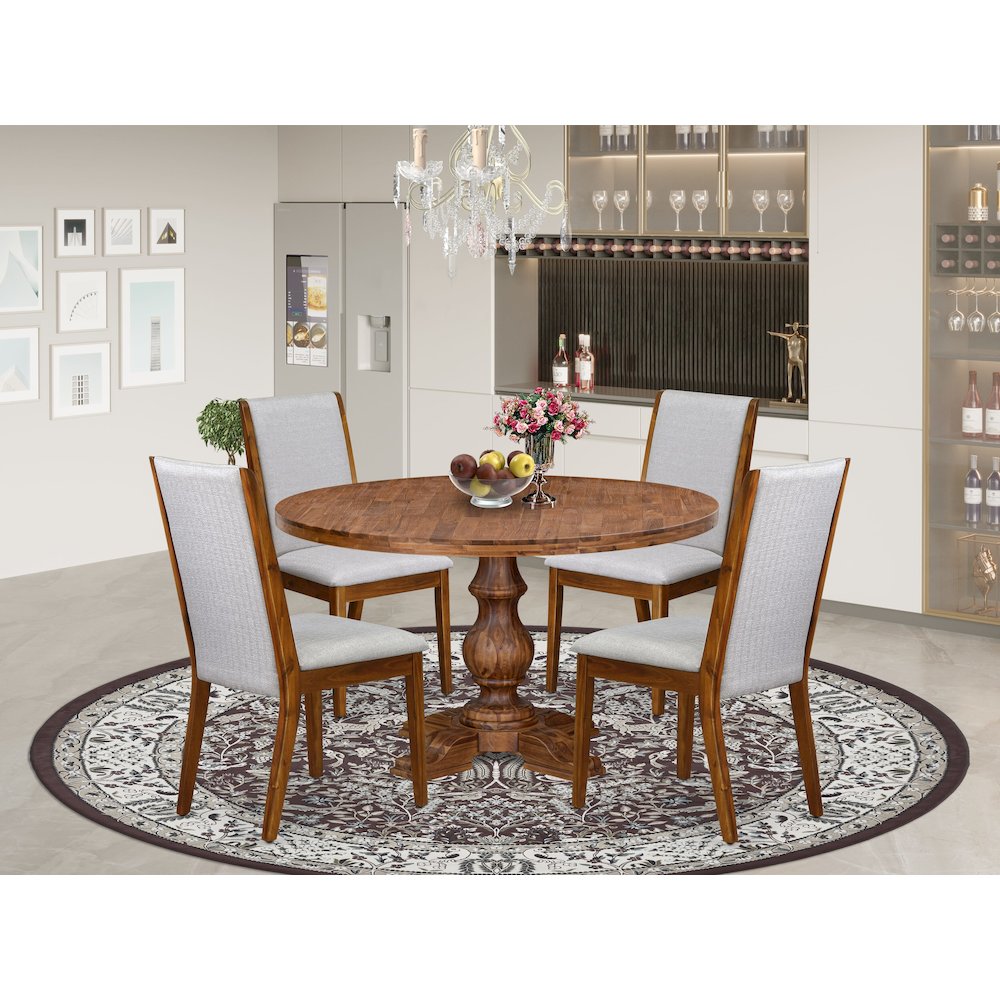 5-Pc Dining Table Set A Pedestal Dinner Table, 4 Grey Linen Fabric Parson Chairs