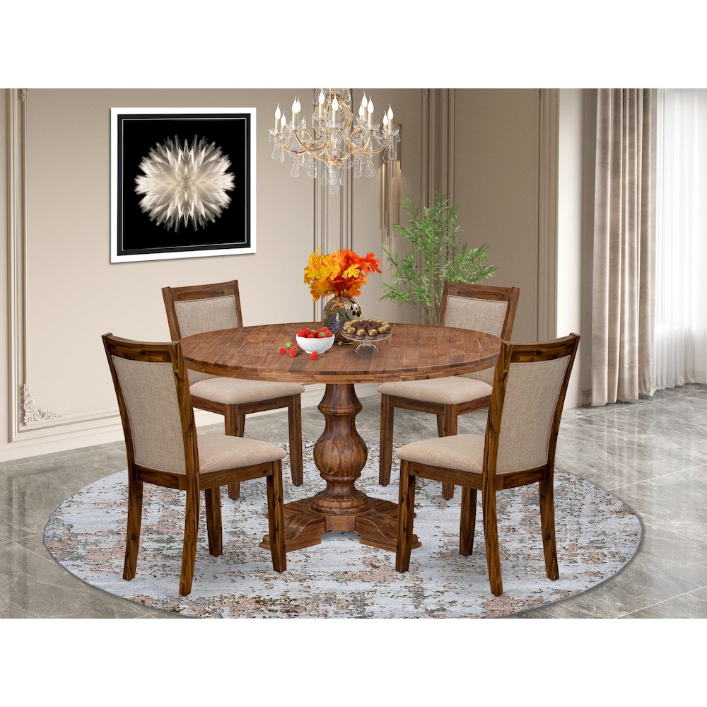 5-Pc Mid-Century Kitchen Set A Pedestal Table, 4 Light Tan Fabric Kitchen Chairs
