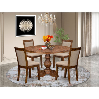 5-Pc Mid-Century Kitchen Set A Pedestal Table, 4 Light Tan Fabric Kitchen Chairs