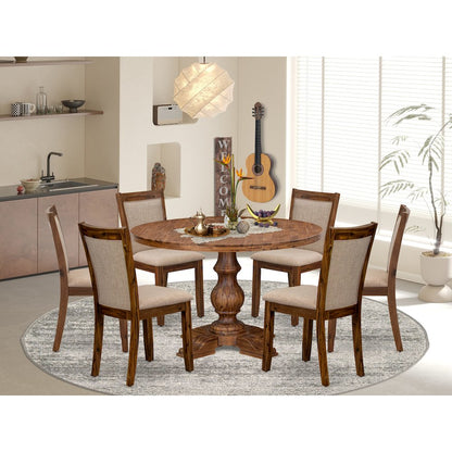 7-Pc Mid-Century Dining Set Of A Pedestal Table, 6 Light Tan Kitchen Chairs