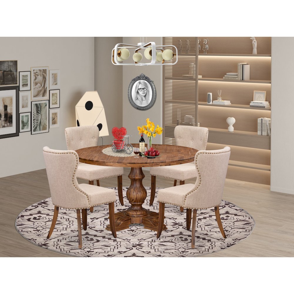 5-Pc Dining Set Of A Pedestal Kitchen Table, 4 Light Tan Fabric Dining Chairs