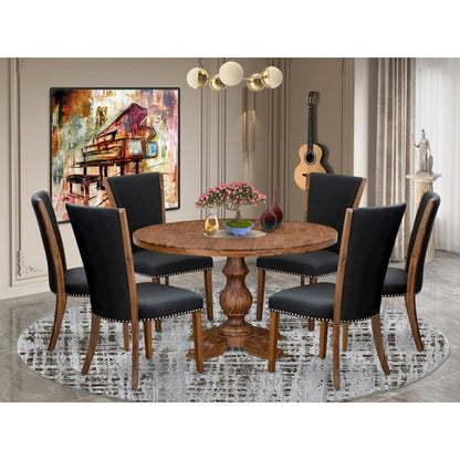 7 Piece Dining Set Consists Of 54" Round Kitchen Table In Black Color