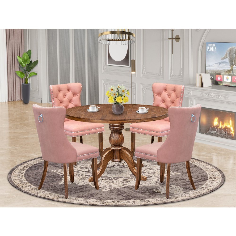 5-Pc Mid Century Dining Set Consist A Wood Table And 4 Beige Red Padded Chairs