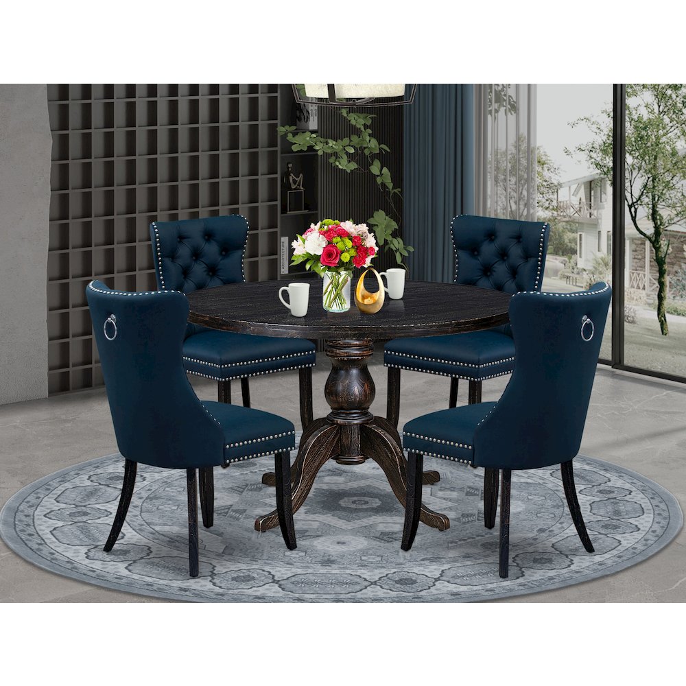 5 Piece Dining Table Set Includes 48" Round Table In Navy Blue Color