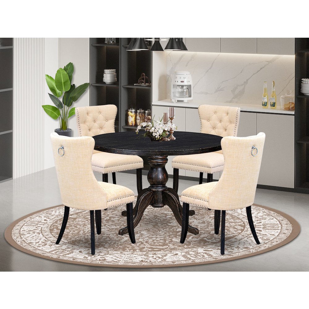 5-Pc Dining Room Set Of A Wood Table, 4 Light Beige Linen Fabric Dining Chair