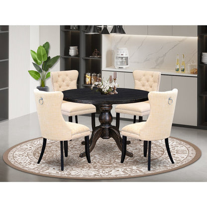 5-Pc Dining Room Set Of A Wood Table, 4 Light Beige Linen Fabric Dining Chair