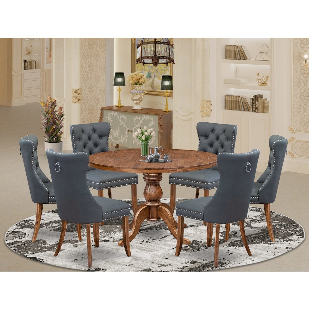 7-Piece Dining Table Set Of A Dining Table, 6 Platinum Gray Dining Room Chairs