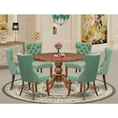 7-Pc Dining Set Contain A Mid Century Table, 6 Willow Green Upholstered Chairs