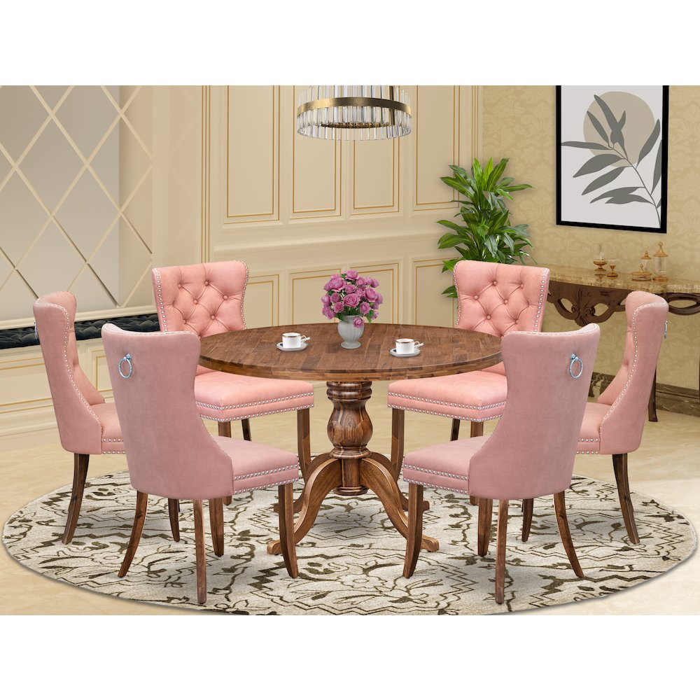 7-Pc Mid Century Dining Set Contain A Table And 6 Beige Red Upholstered Chairs