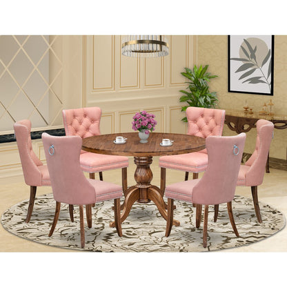 7-Pc Mid Century Dining Set Contain A Table And 6 Beige Red Upholstered Chairs