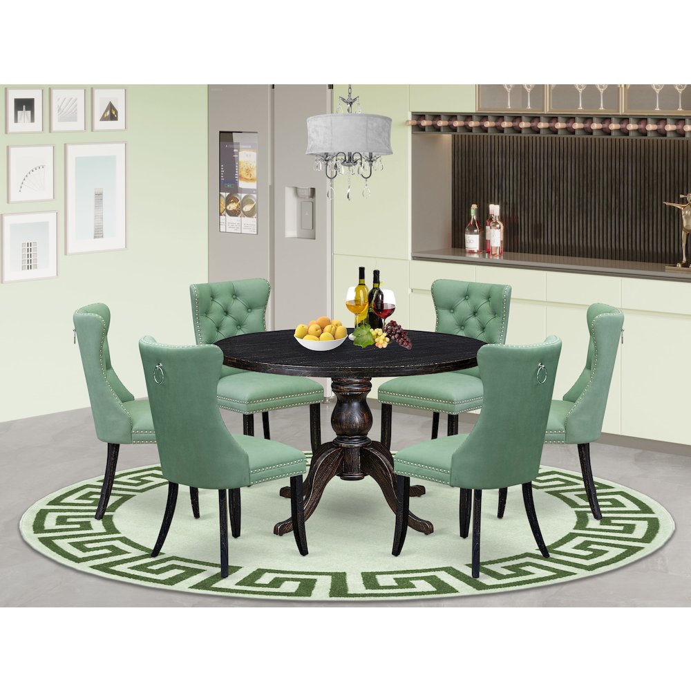 7 Piece Dinette Set Consists Of 48" Round Table In Willow Green Color