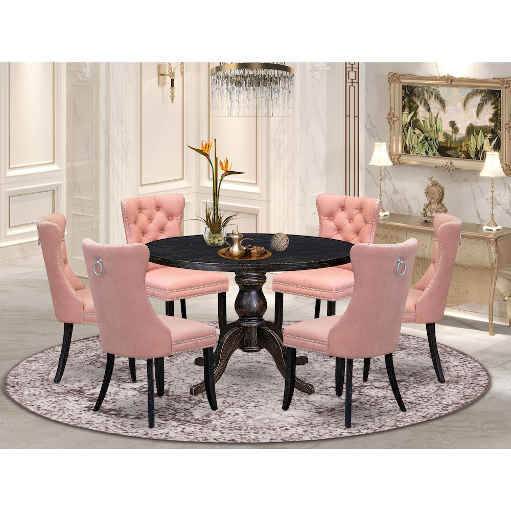 7 Piece Dining Set Consists Of 48" Round Table In Beige Red Color