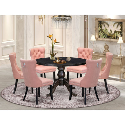 7 Piece Dining Set Consists Of 48" Round Table In Beige Red Color