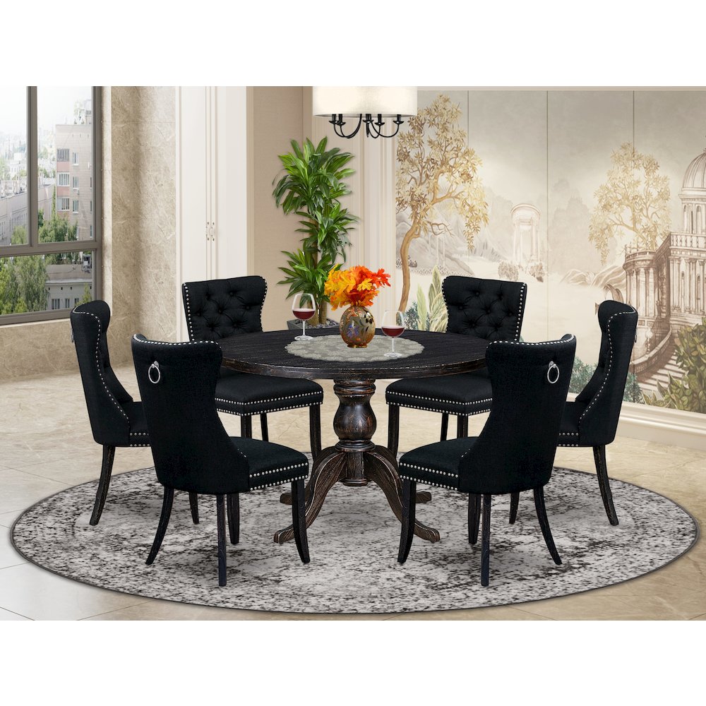 7-Piece Dining A Dinning Table And 6 Black Linen Fabric Dining Chair
