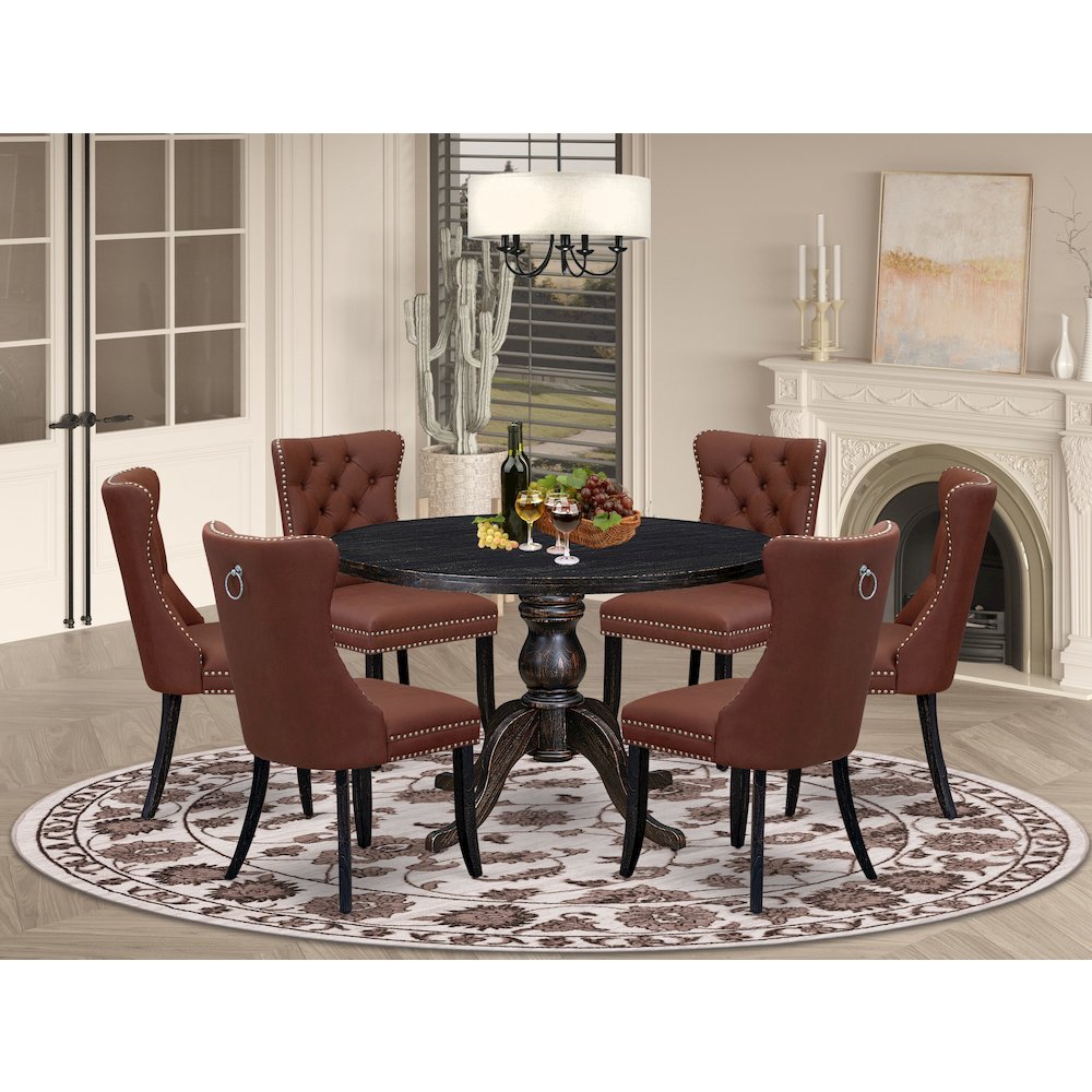 7 Piece Dining Table Set Consists Of 48" Round Table In Burgandy Color
