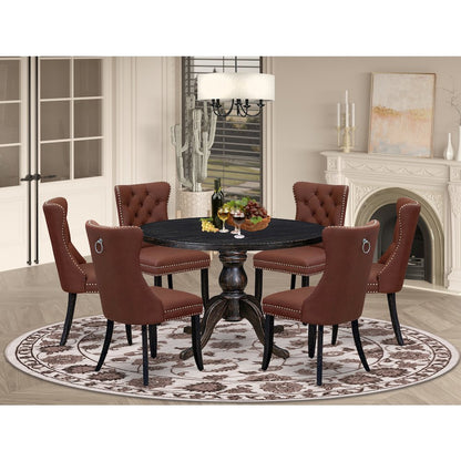 7 Piece Dining Table Set Consists Of 48" Round Table In Burgandy Color