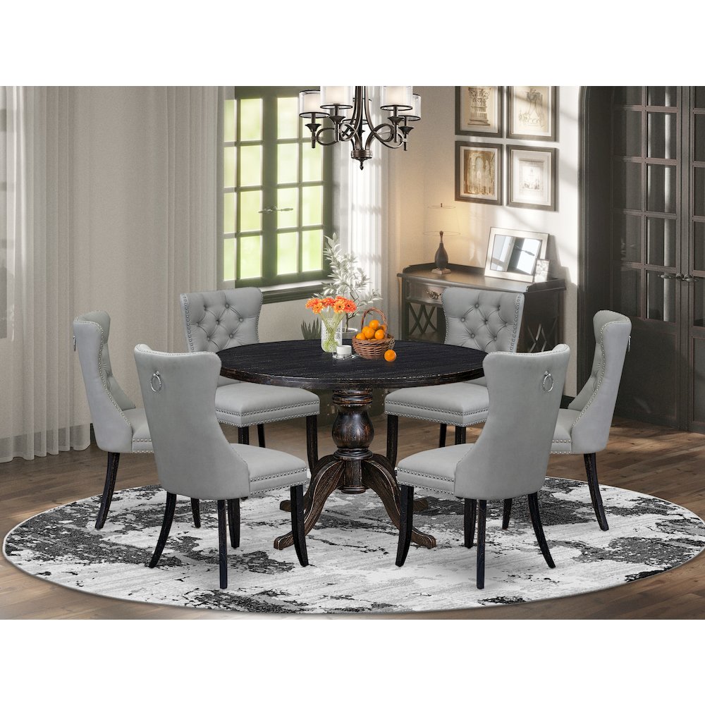 7 Piece Dining Table Set Consists Of 48" Round Table In Light Gray Color