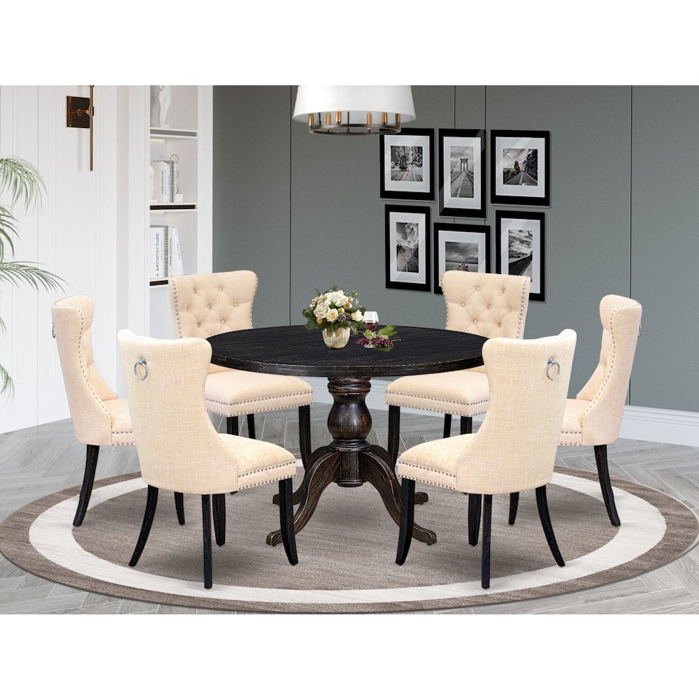 7-Pc Dining Set A Wood Table, 6 Light Beige Linen Fabric Upholstered Chairs
