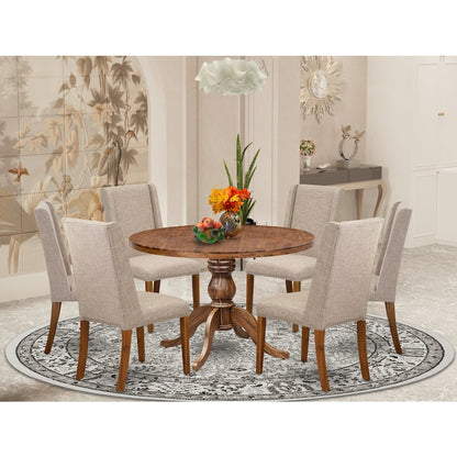 7-Piece Dining Table Set A Kitchen Table, 6 Light Tan Fabric Dining Room Chairs