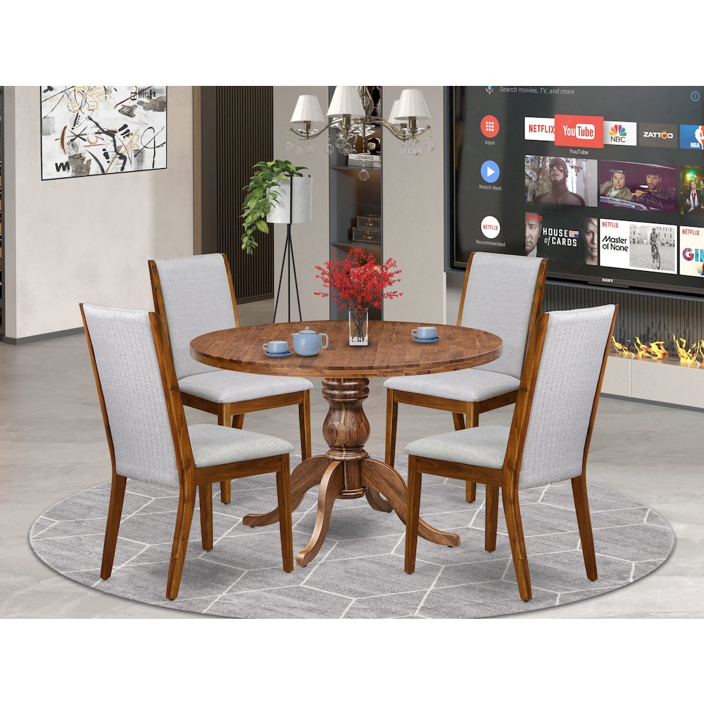 5-Pc Kitchen Table Set A Pedestal Dining Table, 4 Grey Fabric Dining Chairs