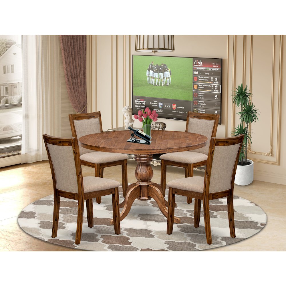 5-Pc Kitchen Table Set A Pedestal Wooden Table, 4 Light Tan Fabric Dining Chairs