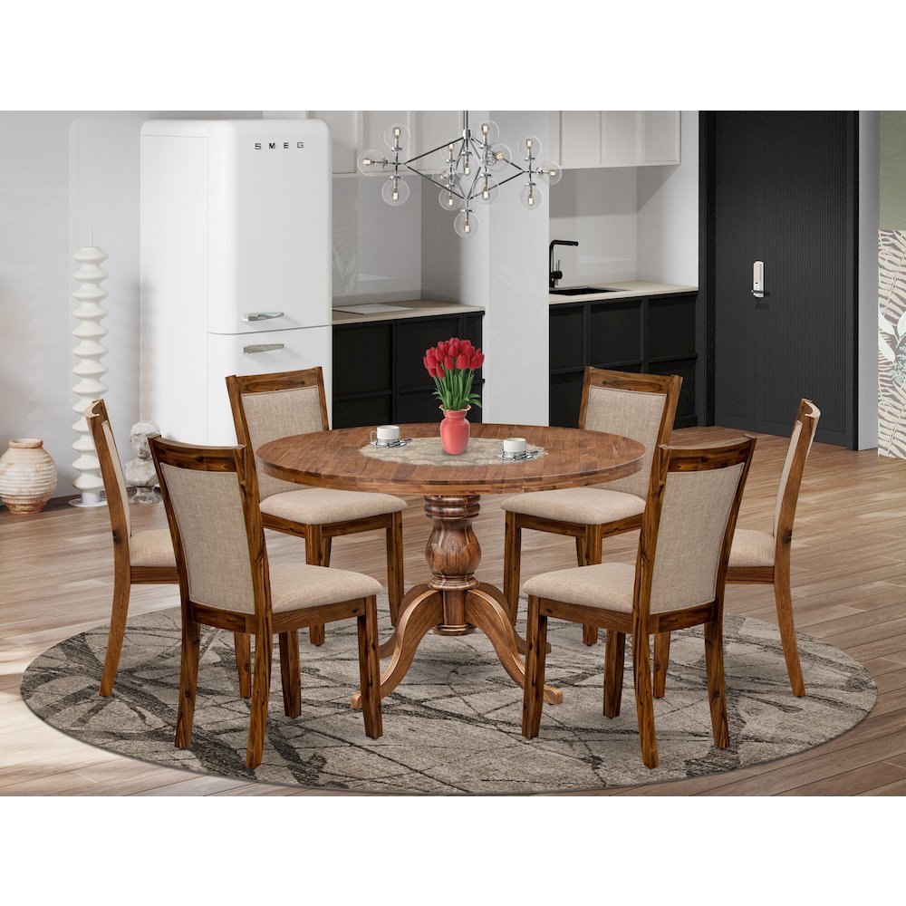 7-Pc Dining Set Of A Pedestal Round Table, 6 Light Tan Fabric Dining Chairs