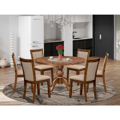 7-Pc Dining Set Of A Pedestal Round Table, 6 Light Tan Fabric Dining Chairs
