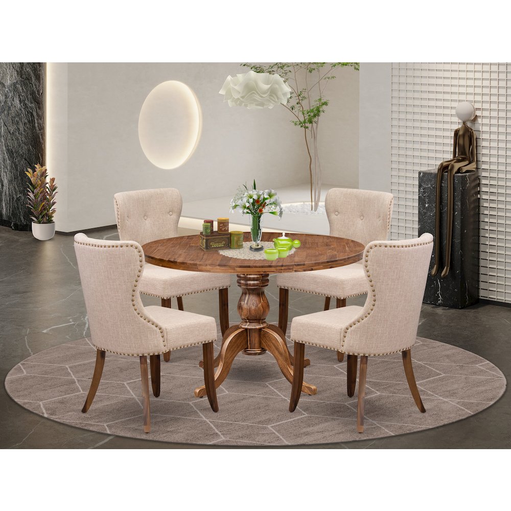 5 Piece Dining Set Consists Of 48" Round Kitchen Table In Light Tan Color