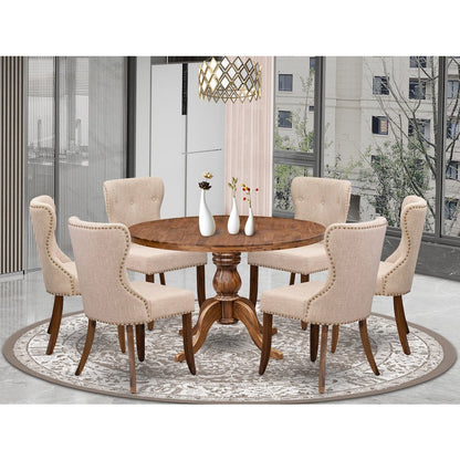 7 Piece Kitchen Table Set Contains 48" Round Table In Light Tan Color