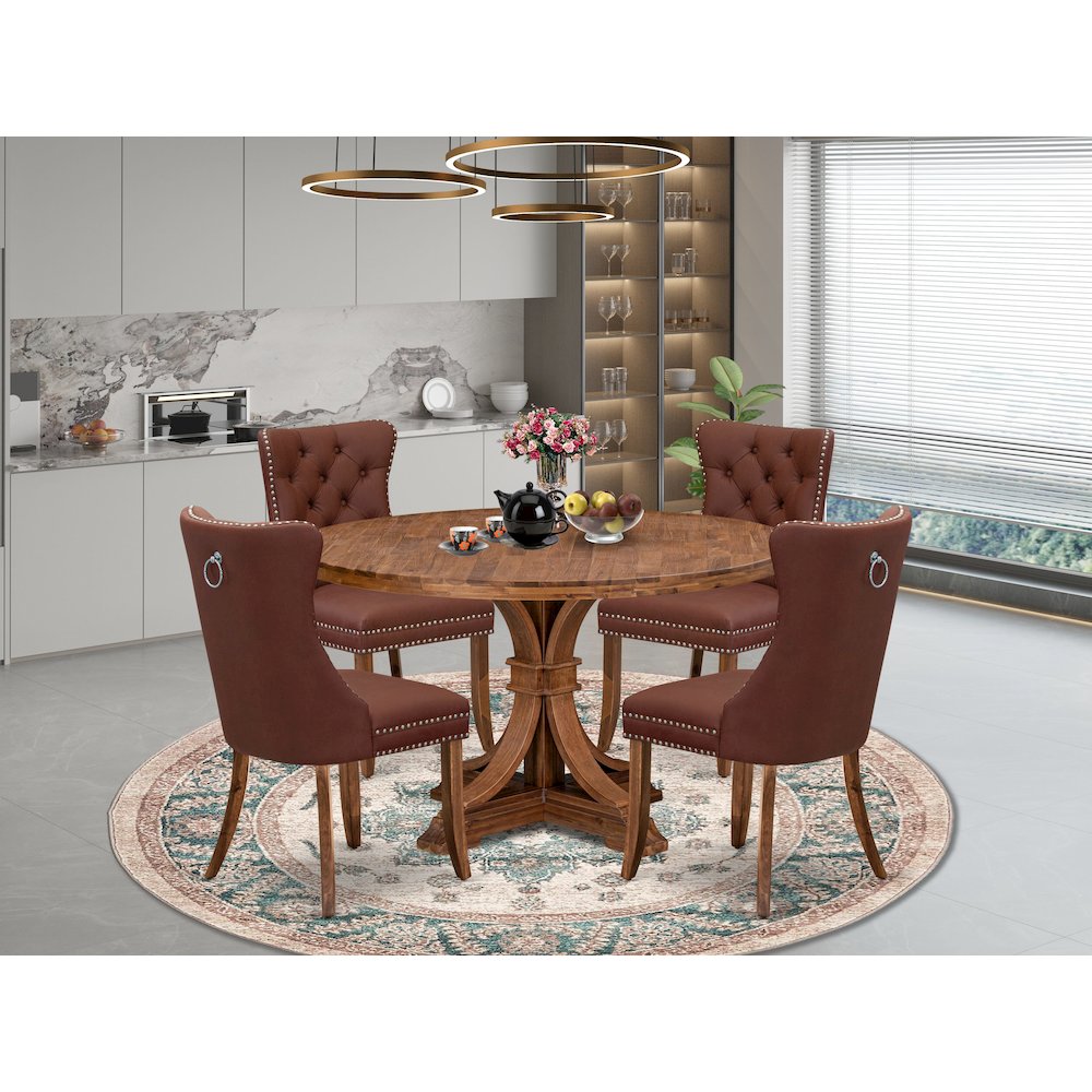5-Pc Dining Room Set Consist A Kitchen Table And 4 Burgundy Upholstered Chairs