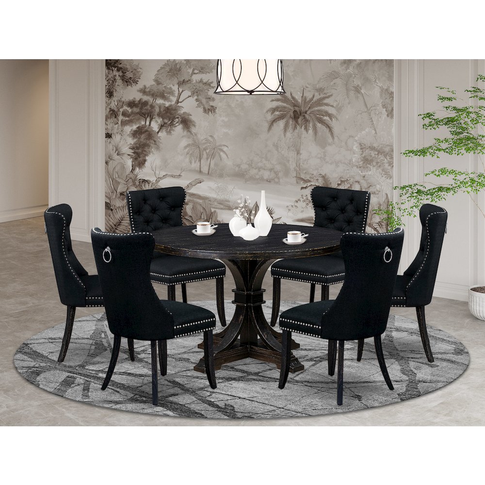 7-Piece Dining Table Set A Wood Table, 6 Black Linen Fabric Upholstered Chairs