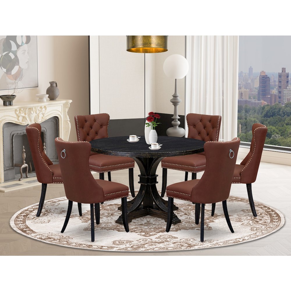 7 Piece Dining Table Set Includes 48" Round Table In Burgandy Color