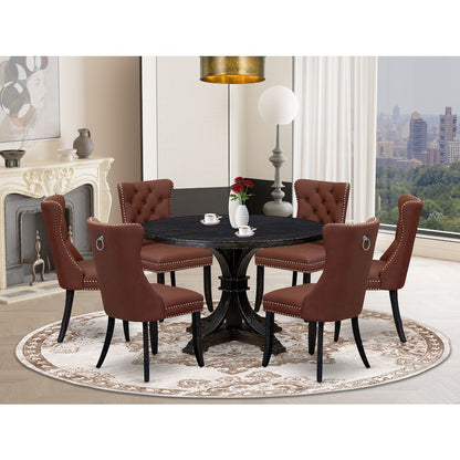7 Piece Dining Table Set Includes 48" Round Table In Burgandy Color