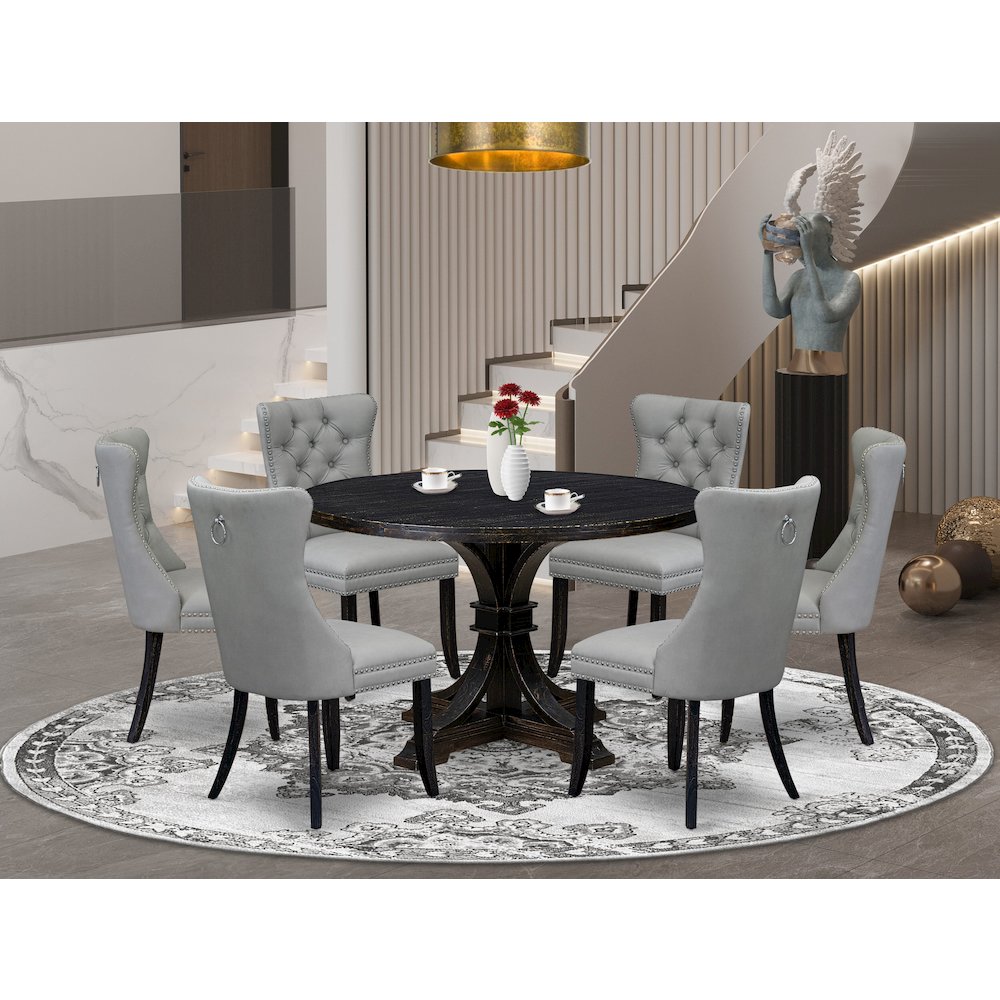 7 Piece Dining Table Set Includes 48" Round Table In Light Gray Color