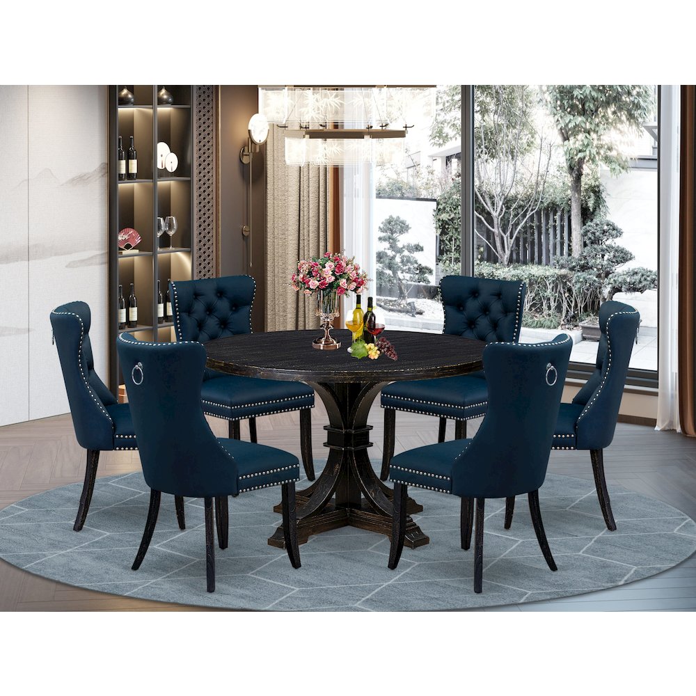 7 Piece Dining Table Set Includes 48" Round Table In Navy Blue Color