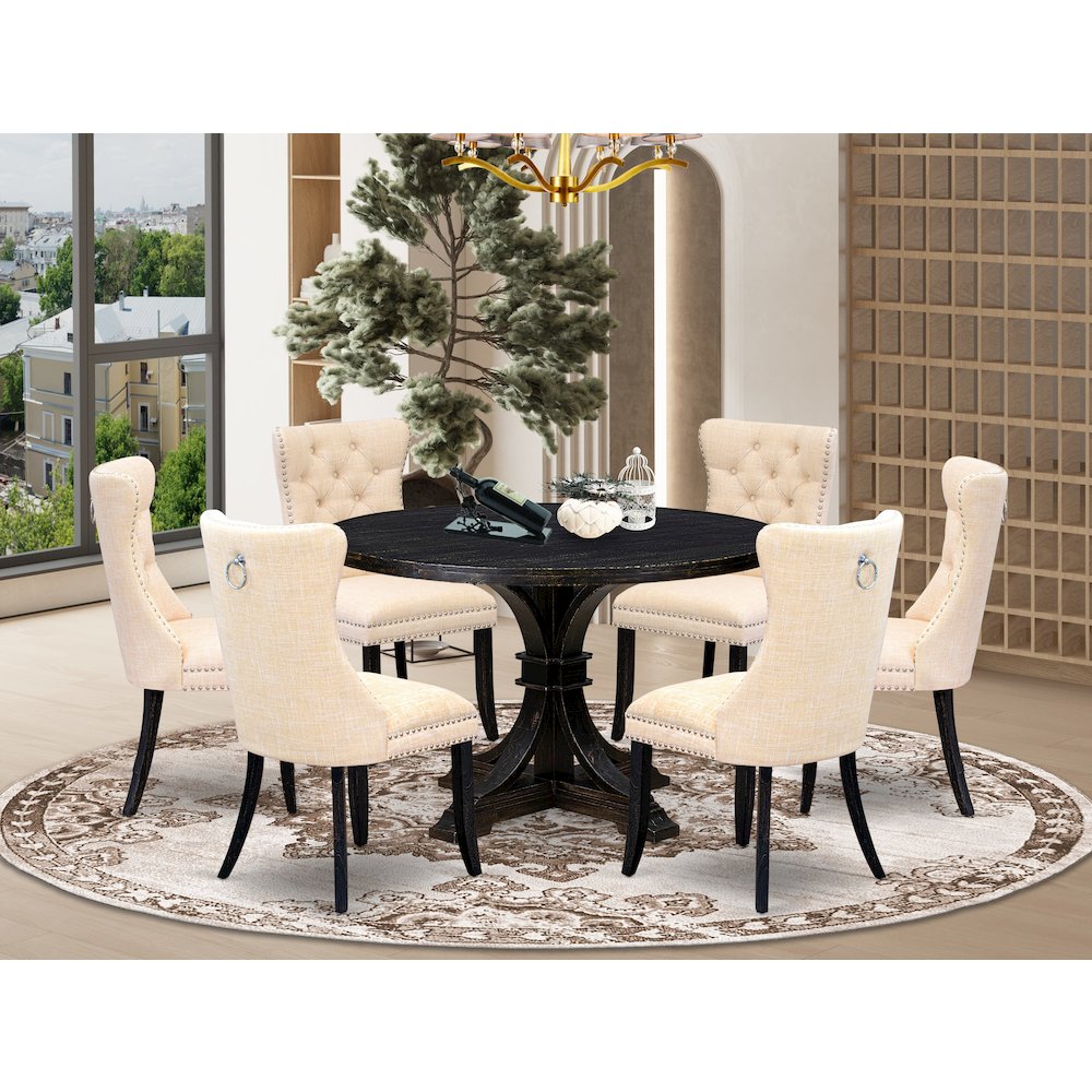 7-Pc Dining Set Of A Kitchen Table, 6 Light Beige Linen Fabric Modern Chair