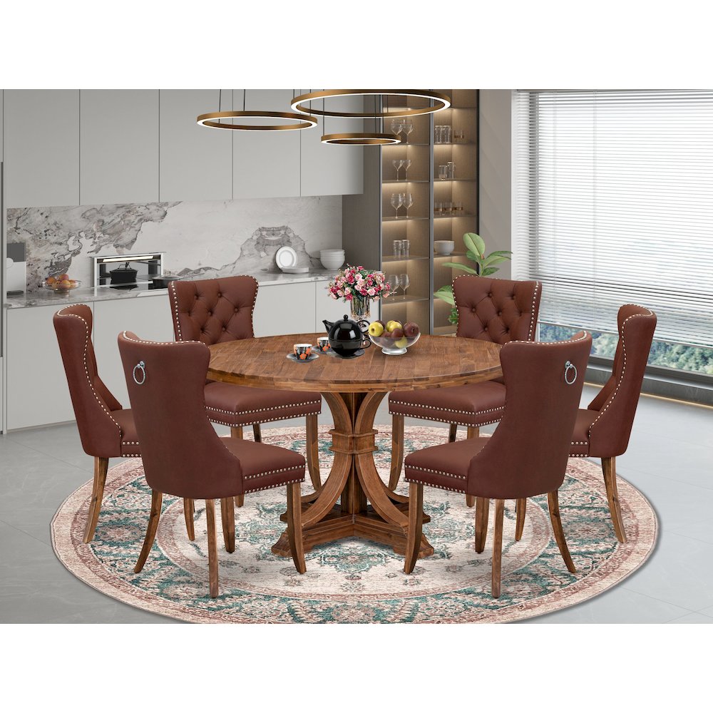 7-Pc Modern Dining Table Set Contain A Room Table And 6 Burgundy Padded Chairs