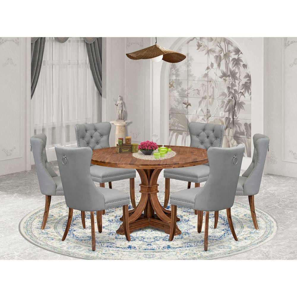 7-Pc Mid Century Dining Set Contain A Room Table And 6 Light Gray Parson Chairs