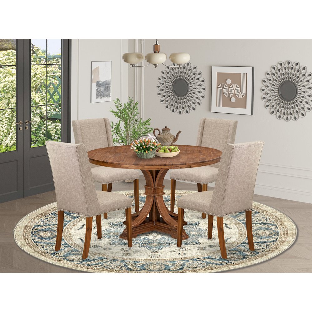 5-Piece Kitchen Table Set Of A Dinner Table, 4 Light Tan Fabric Dinner Chairs