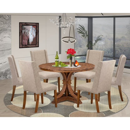 7-Piece Dining Room Set A Dinning Table, 6 Light Tan Linen Fabric Dining Chairs