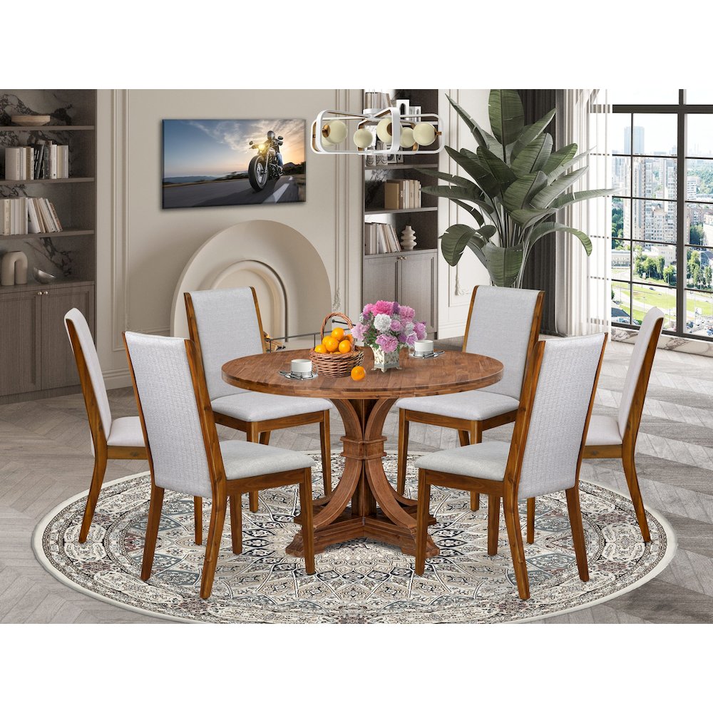 7-Pc Dining Room Set Of A Pedestal Kitchen Table, 6 Grey Fabric Dinner Chairs
